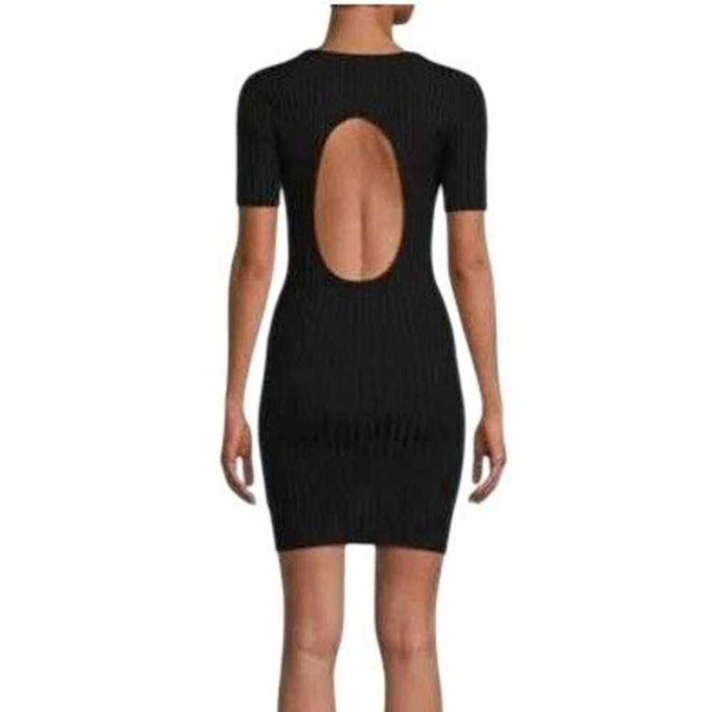 Good American Black Ribbed Open Back‎ Mini Dress Short Sleeve Size 1/2